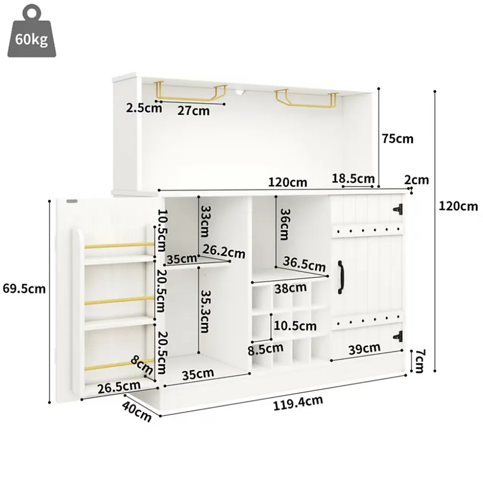 Buffet Moderne - Meuble Bar avec Porte-Verres et Étagères de Rangement - MDF + Métal - Blanc - 120x40x120 cm