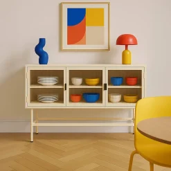 Buffet moderne 3 portes 120 cm en métal et verre écru Oviala