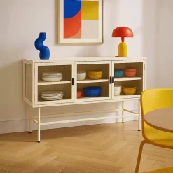 Buffet moderne 3 portes 120 cm en métal et verre écru Oviala