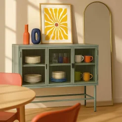 Buffet moderne 3 portes 120 cm en métal et verre vert sauge Oviala