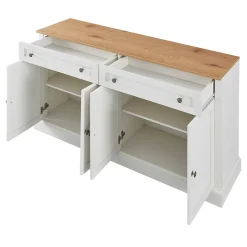Buffet moderne 4 portes 2 tiroirs 150x86x40 cm, blanc antique & bois naturel, élégant pour salle à manger/salon