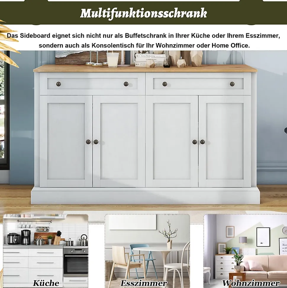 Buffet moderne 4 portes 2 tiroirs 150x86x40 cm, blanc antique & bois naturel, élégant pour salle à manger/salon