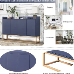 Buffet moderne 4 portes, armoire de rangement sans poignée, meuble polyvalent pour salon, chambre, salle de bain, bleu