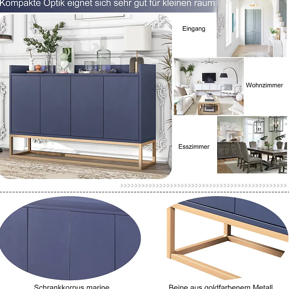 Buffet moderne 4 portes, armoire de rangement sans poignée, meuble polyvalent pour salon, chambre, salle de bain, bleu