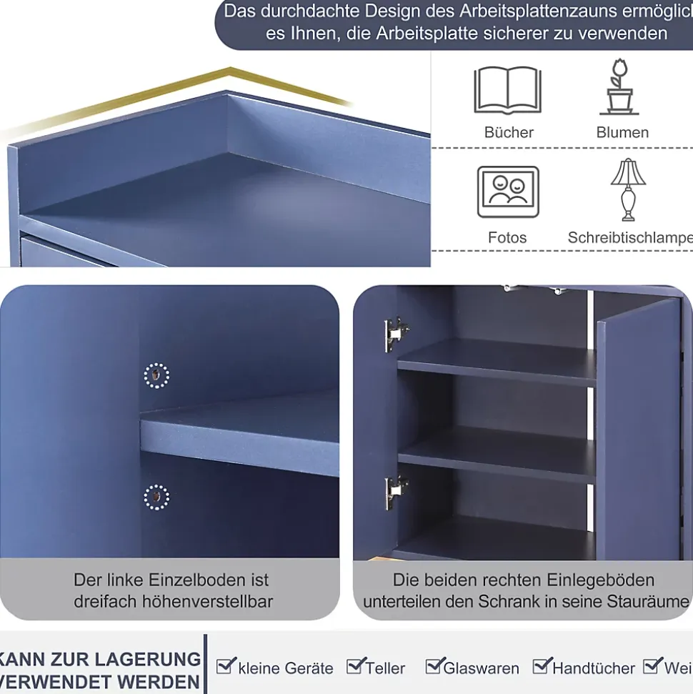 Buffet moderne 4 portes, armoire de rangement sans poignée, meuble polyvalent pour salon, chambre, salle de bain, bleu