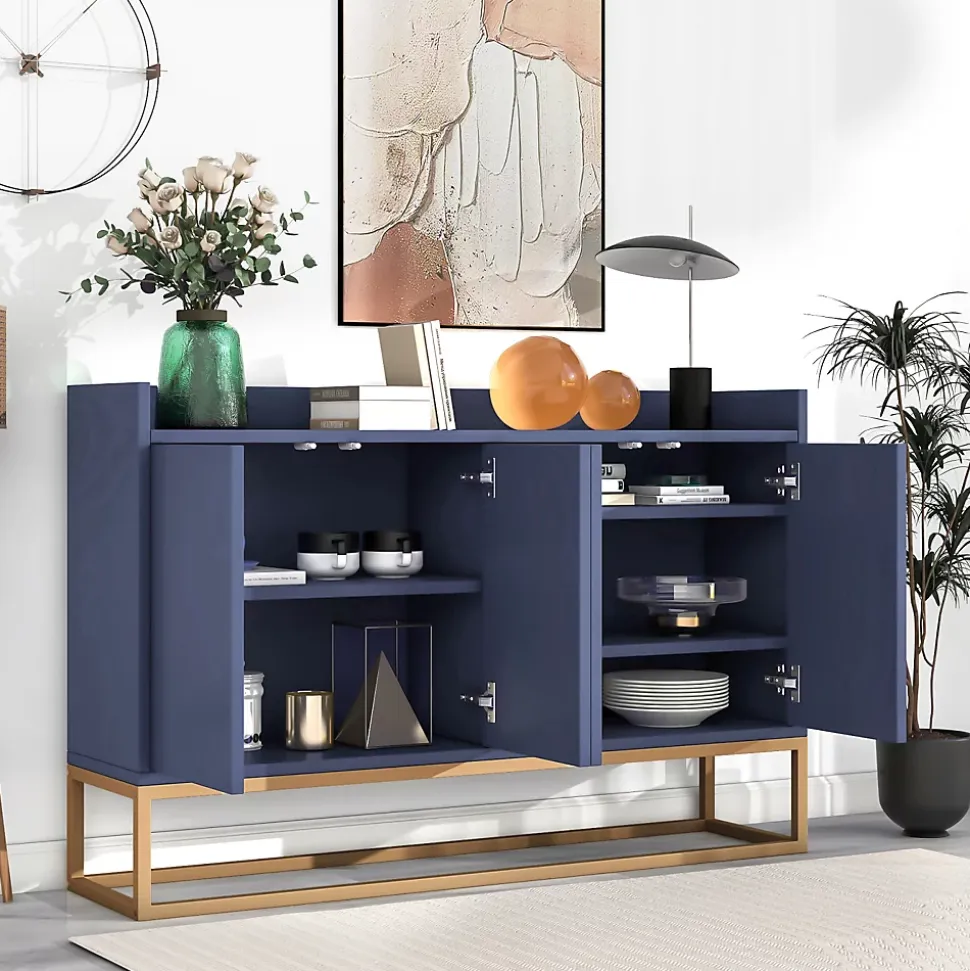 Buffet moderne 4 portes, armoire de rangement sans poignée, meuble polyvalent pour salon, chambre, salle de bain, bleu