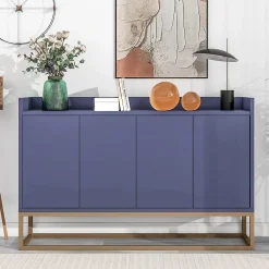 Buffet moderne 4 portes, armoire de rangement sans poignée, meuble polyvalent pour salon, chambre, salle de bain, bleu