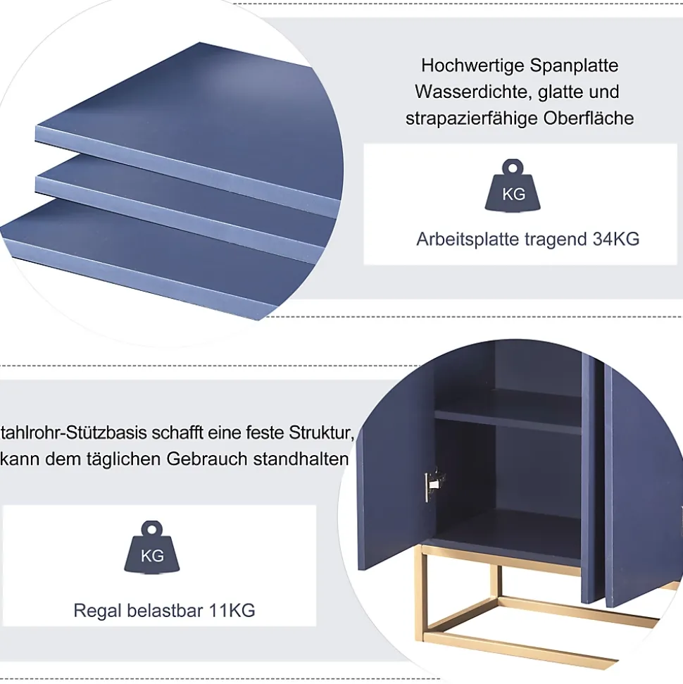 Buffet moderne 4 portes, armoire de rangement sans poignée, meuble polyvalent pour salon, chambre, salle de bain, bleu