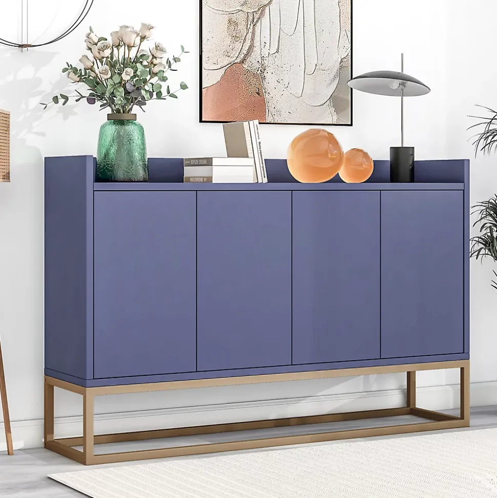 Buffet moderne 4 portes, armoire de rangement sans poignée, meuble polyvalent pour salon, chambre, salle de bain, bleu