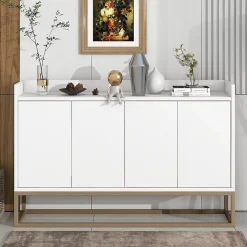 Buffet moderne 4 portes, armoire de rangement sans poignée, meuble polyvalent pour salon, chambre, salle de bain, blanc
