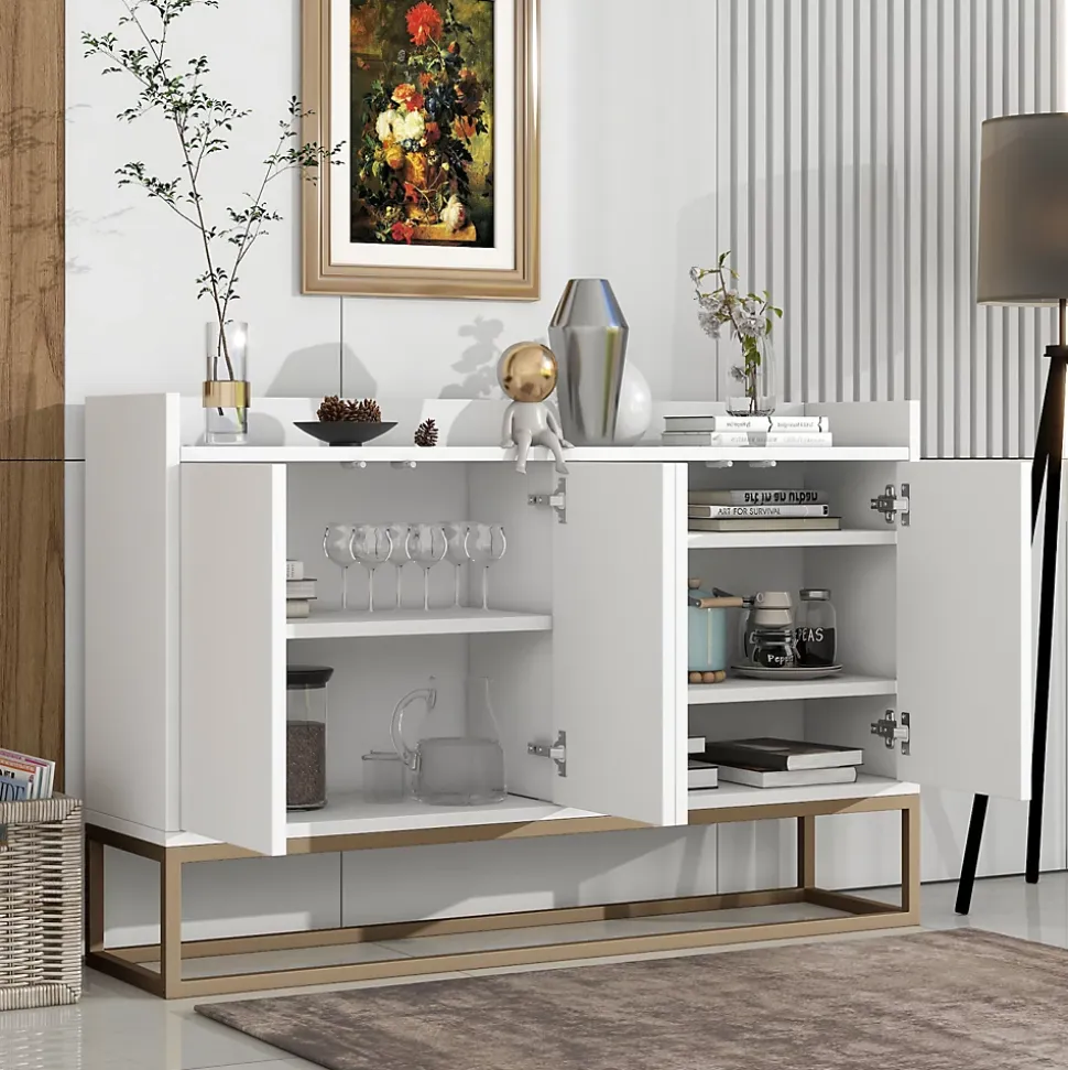 Buffet moderne 4 portes, armoire de rangement sans poignée, meuble polyvalent pour salon, chambre, salle de bain, blanc