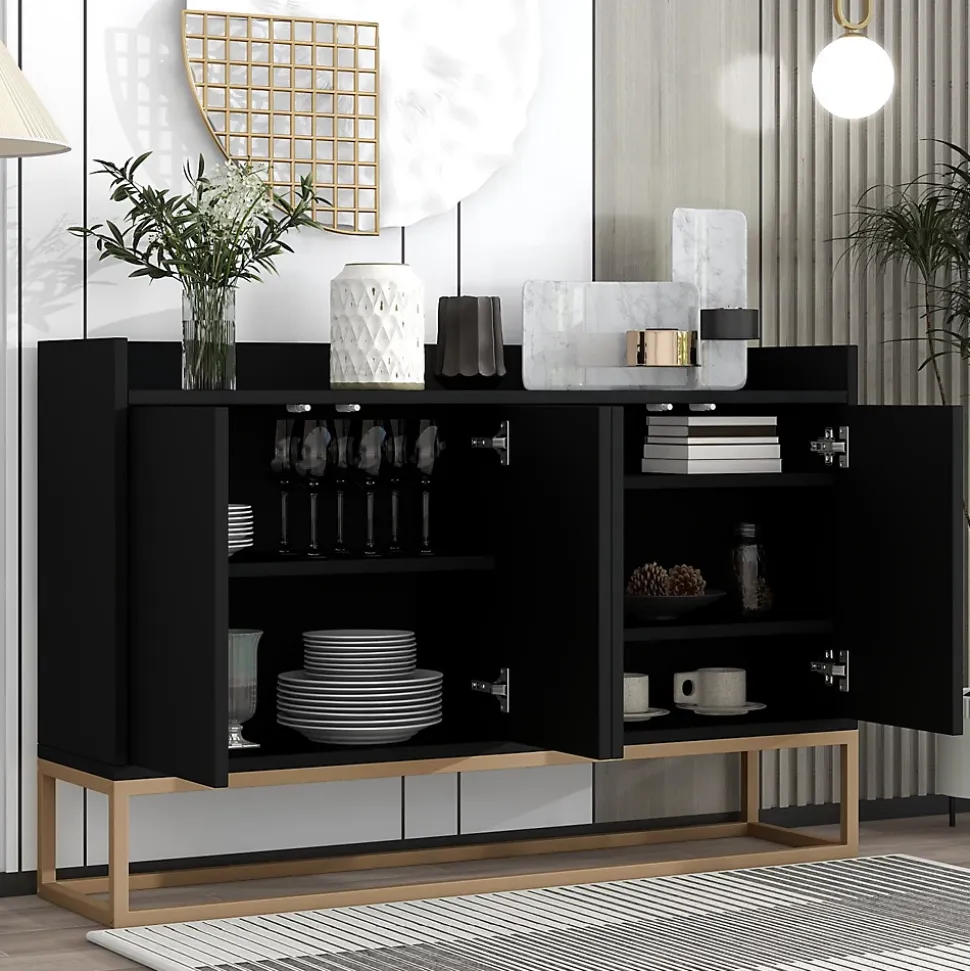 Buffet moderne 4 portes, blanc ou noir, 120x30x80 cm, idéal pour salle à manger, salon ou cuisine