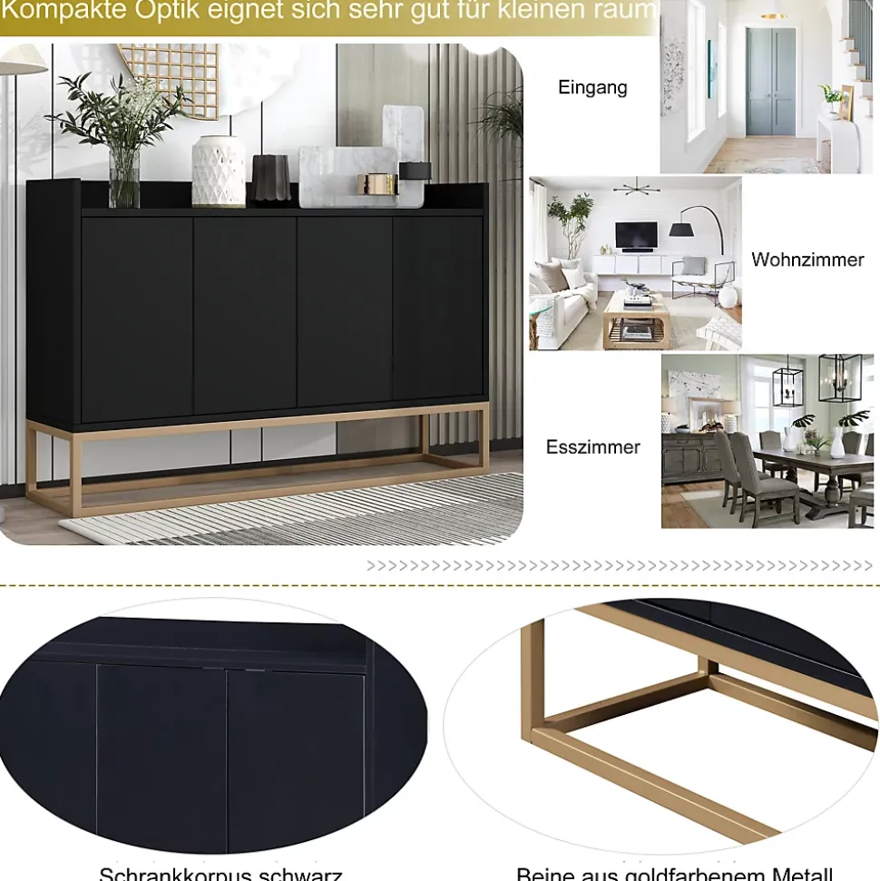 Buffet moderne 4 portes sans poignées, Design minimaliste noir, élégant et pratique pour salle à manger, salon et cuisine