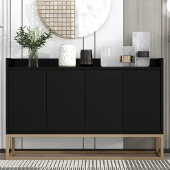Buffet moderne 4 portes sans poignées, Design minimaliste noir, élégant et pratique pour salle à manger, salon et cuisine