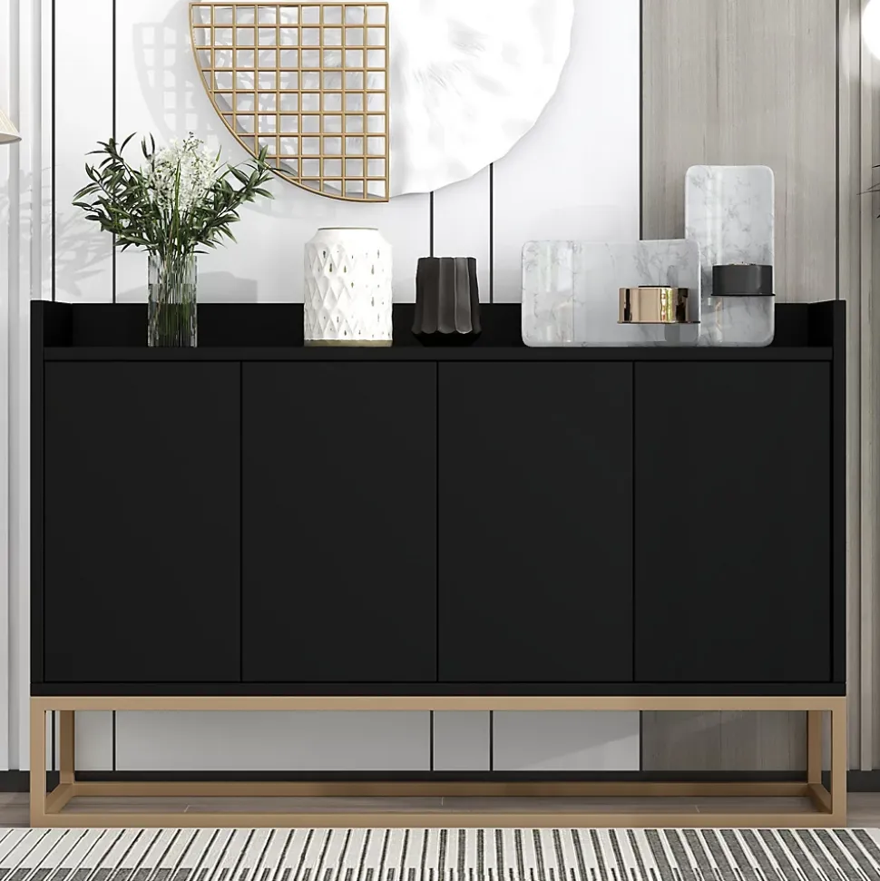 Buffet moderne 4 portes sans poignées, Design minimaliste noir, élégant et pratique pour salle à manger, salon et cuisine