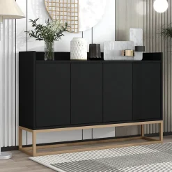 Buffet moderne 4 portes sans poignées, Design minimaliste noir, élégant et pratique pour salle à manger, salon et cuisine
