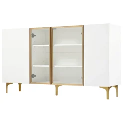 Buffet Moderne avec 4 Portes et Panneaux en Verre et Métal, Bahut Contemporain de Salon en MDF - 150x38x85 cm, Blanc