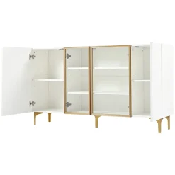 Buffet Moderne avec 4 Portes et Panneaux en Verre et Métal, Bahut Contemporain de Salon en MDF - 150x38x85 cm, Blanc