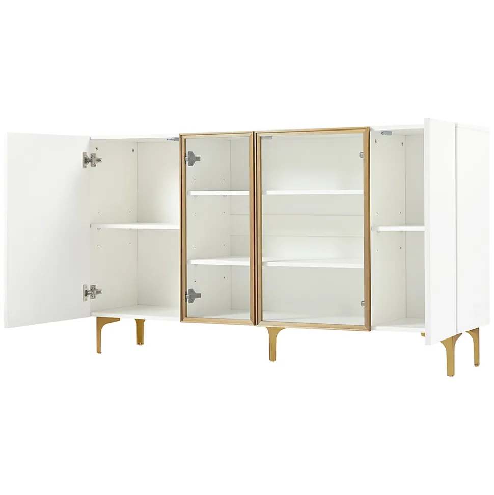 Buffet Moderne avec 4 Portes et Panneaux en Verre et Métal, Bahut Contemporain de Salon en MDF - 150x38x85 cm, Blanc