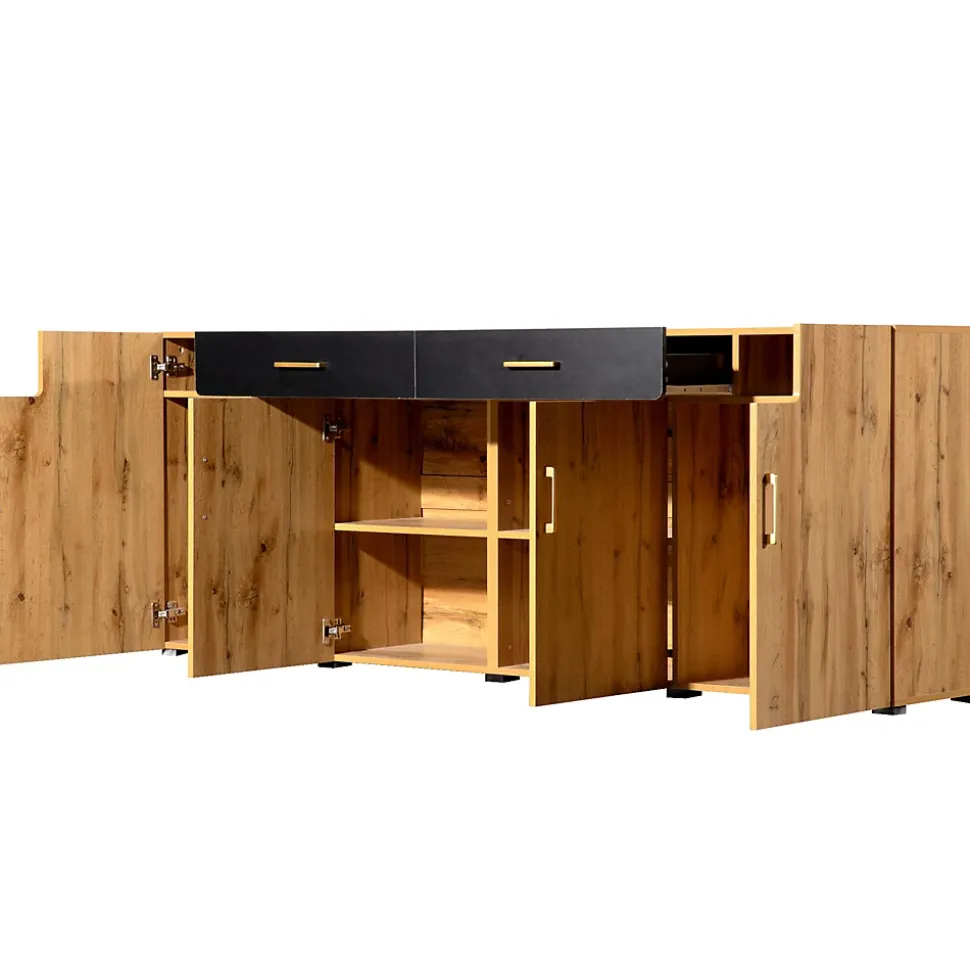 Buffet Moderne avec 4 Portes et 2 Tiroirs, Meuble de Rangement en Panneaux de Particules Effet Marbre, Marron, 208x39,5x80 cm
