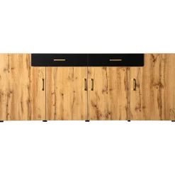 Buffet Moderne avec 4 Portes et 2 Tiroirs, Meuble de Rangement en Panneaux de Particules Effet Marbre, Marron, 208x39,5x80 cm