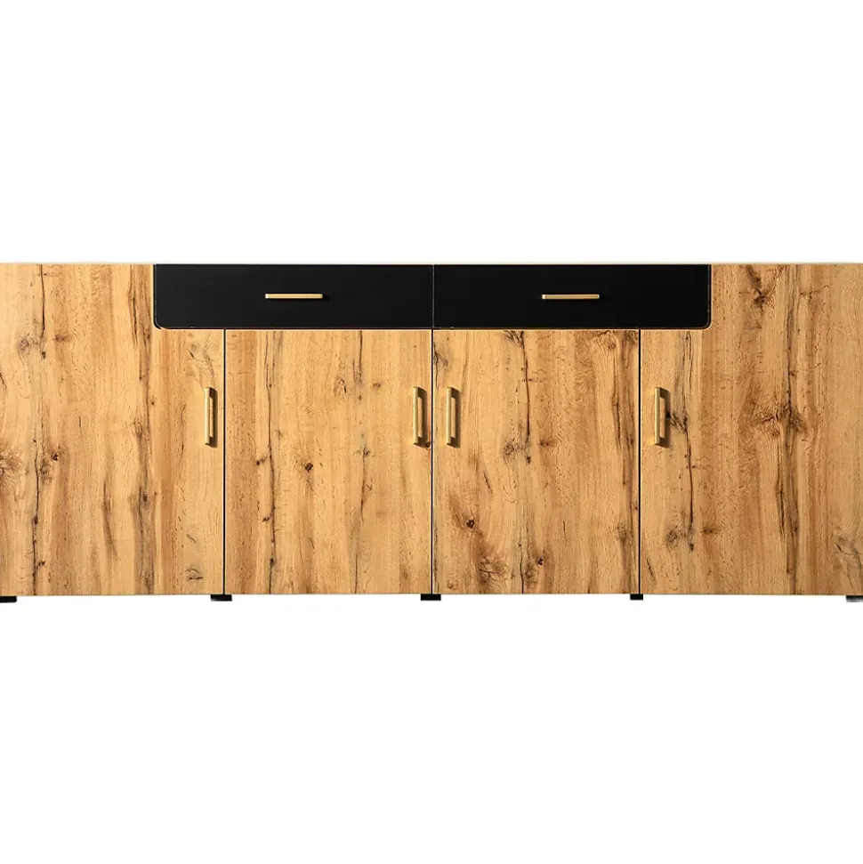 Buffet Moderne avec 4 Portes et 2 Tiroirs, Meuble de Rangement en Panneaux de Particules Effet Marbre, Marron, 208x39,5x80 cm