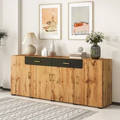 Buffet Moderne avec 4 Portes et 2 Tiroirs, Meuble de Rangement en Panneaux de Particules Effet Marbre, Marron, 208x39,5x80 cm