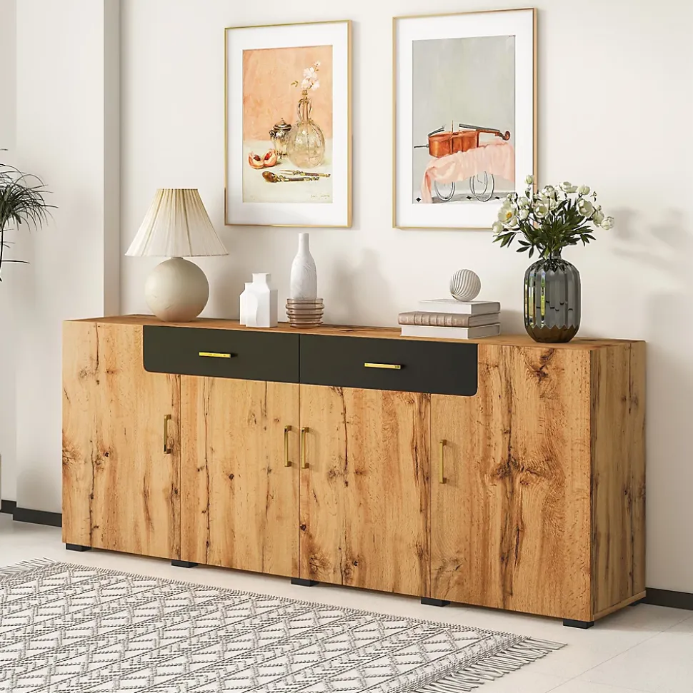 Buffet Moderne avec 4 Portes et 2 Tiroirs, Meuble de Rangement en Panneaux de Particules Effet Marbre, Marron, 208x39,5x80 cm