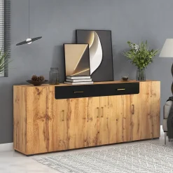 Buffet Moderne avec 4 Portes et 2 Tiroirs, Meuble de Rangement en Panneaux de Particules Effet Marbre, Marron, 208x39,5x80 cm