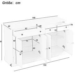 Buffet Moderne avec 4 Portes et 2 Tiroirs - Rangement Spacieux pour Salon ou Salle à Manger - MDF - Blanc+Naturel - 150x40x86 cm