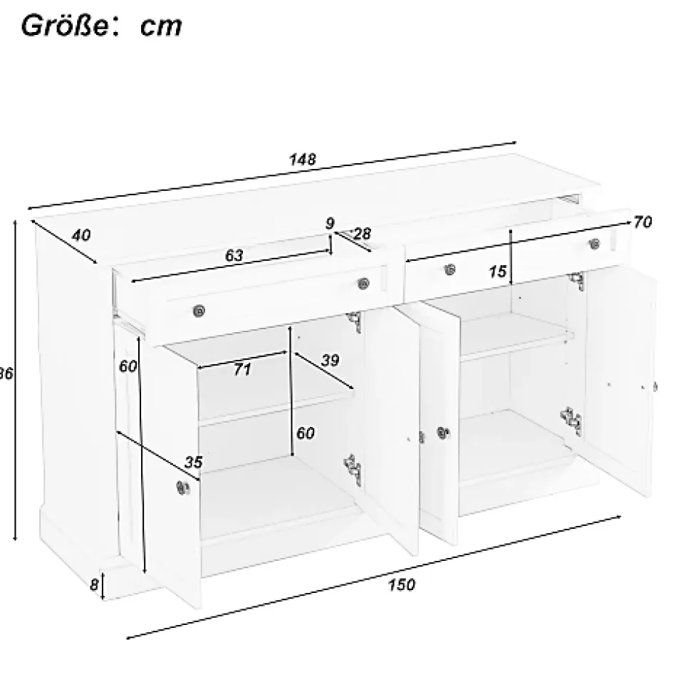 Buffet Moderne avec 4 Portes et 2 Tiroirs - Rangement Spacieux pour Salon ou Salle à Manger - MDF - Blanc+Naturel - 150x40x86 cm