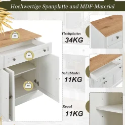 Buffet Moderne avec 4 Portes et 2 Tiroirs - Rangement Spacieux pour Salon ou Salle à Manger - MDF - Blanc+Naturel - 150x40x86 cm