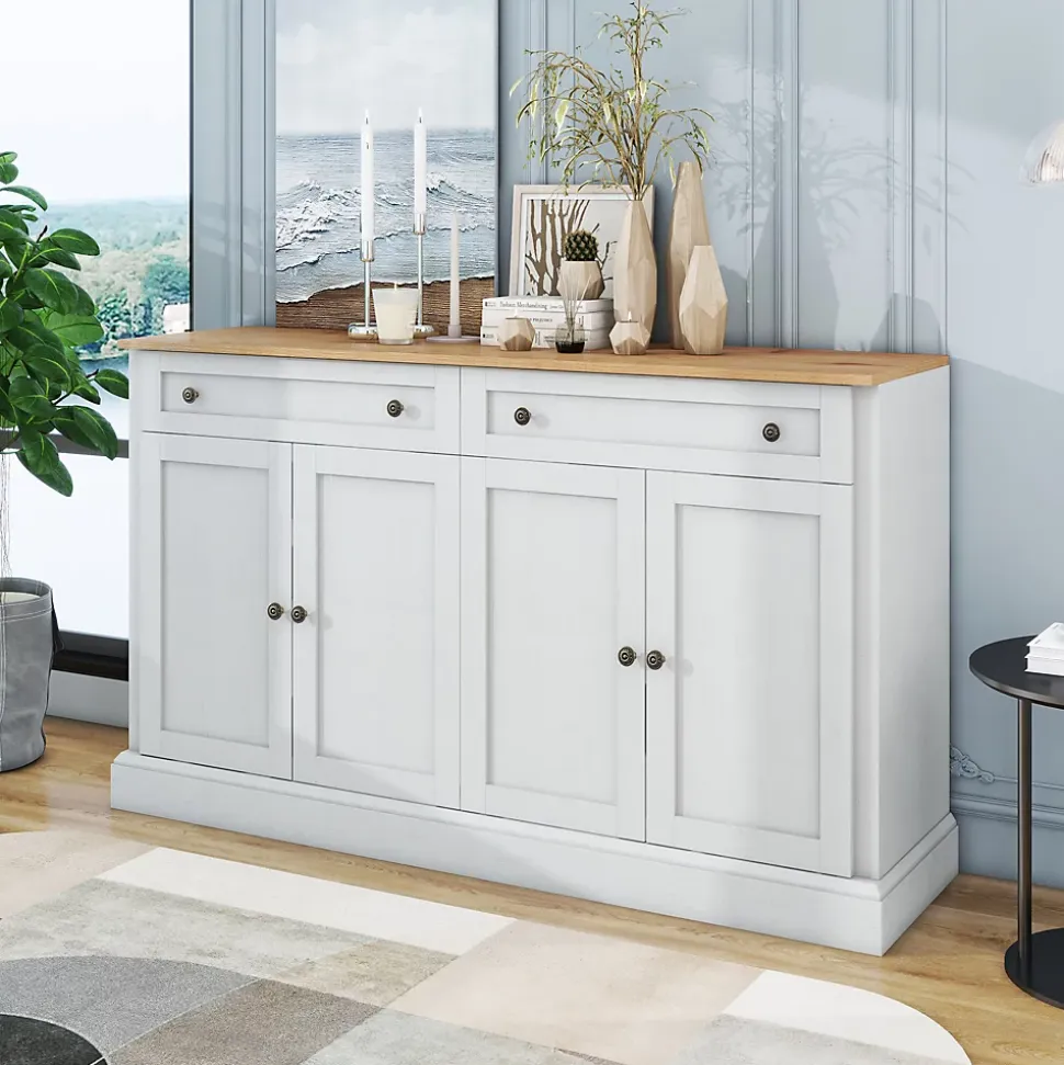 Buffet Moderne avec 4 Portes et 2 Tiroirs - Rangement Spacieux pour Salon ou Salle à Manger - MDF - Blanc+Naturel - 150x40x86 cm