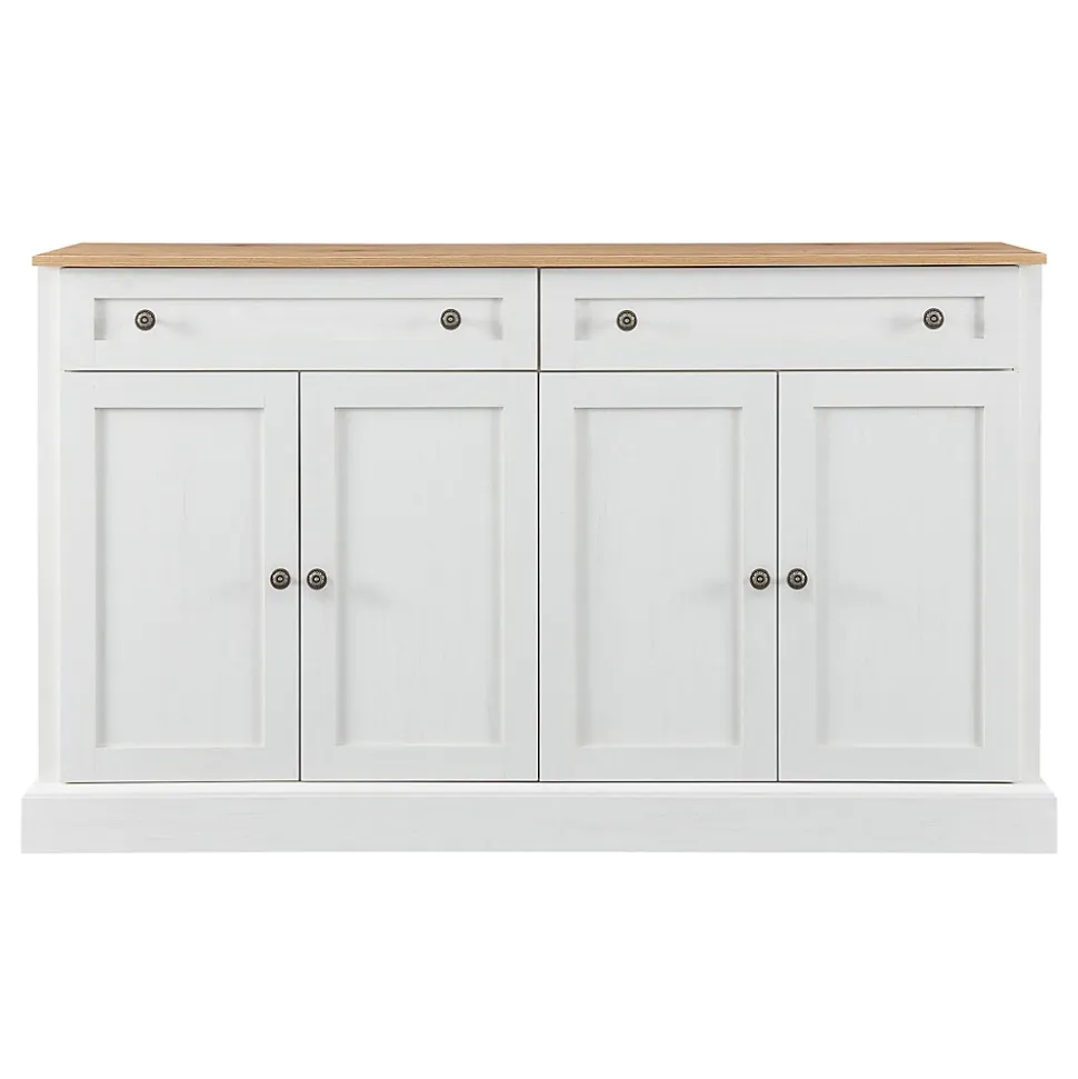 Buffet Moderne avec 4 Portes et 2 Tiroirs - Rangement Spacieux pour Salon ou Salle à Manger - MDF - Blanc+Naturel - 150x40x86 cm