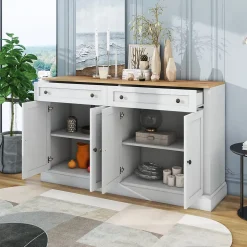 Buffet Moderne avec 4 Portes et 2 Tiroirs - Rangement Spacieux pour Salon ou Salle à Manger - MDF - Blanc+Naturel - 150x40x86 cm