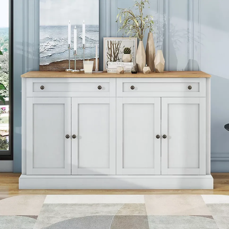 Buffet Moderne avec 4 Portes et 2 Tiroirs - Rangement Spacieux pour Salon ou Salle à Manger - MDF - Blanc+Naturel - 150x40x86 cm