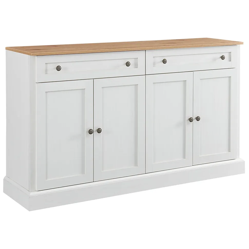 Buffet Moderne avec 4 Portes et 2 Tiroirs - Rangement Spacieux pour Salon ou Salle à Manger - MDF - Blanc+Naturel - 150x40x86 cm
