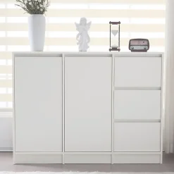 Buffet Moderne avec 2 Portes et 3 Tiroirs, Rangement avec Étagères Réglables pour Salon ou Cuisine - Blanc - 120x35x90 cm