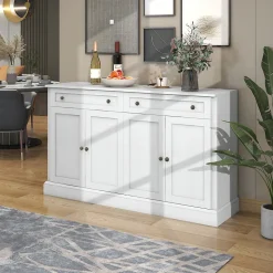 Buffet Moderne avec 4 Portes et 2 Tiroirs - Rangement pour Salon ou Salle à Manger - Panneaux de Particules - Blanc - 150x40x86 cm