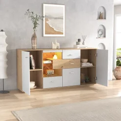 Buffet Moderne Avec Grand Espace De Rangement Et Éclairage LED,160x40x77cm,2 Portes,4 Tiroirs,blanc