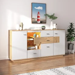 Buffet Moderne Avec Grand Espace De Rangement Et Éclairage LED,160x40x77cm,2 Portes,4 Tiroirs,blanc