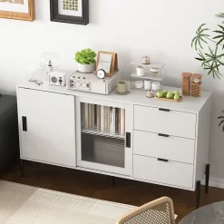 Buffet Moderne en Bois - Bahut avec 3 Tiroirs et 2 Portes Vitrées, Rangement Cuisine Salon, Spanplatte, 155x40x91,5 cm, Blanc