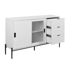 Buffet Moderne en Bois - Bahut avec 3 Tiroirs et 2 Portes Vitrées, Rangement Cuisine Salon, Spanplatte, 155x40x91,5 cm, Blanc