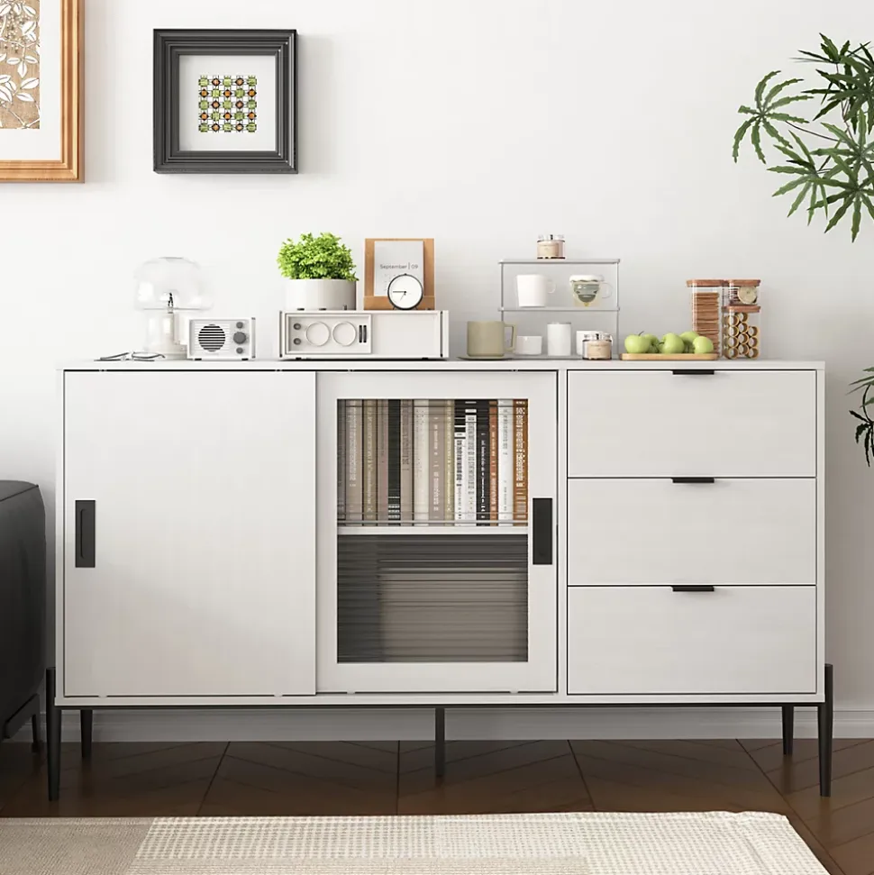 Buffet Moderne en Bois - Bahut avec 3 Tiroirs et 2 Portes Vitrées, Rangement Cuisine Salon, Spanplatte, 155x40x91,5 cm, Blanc