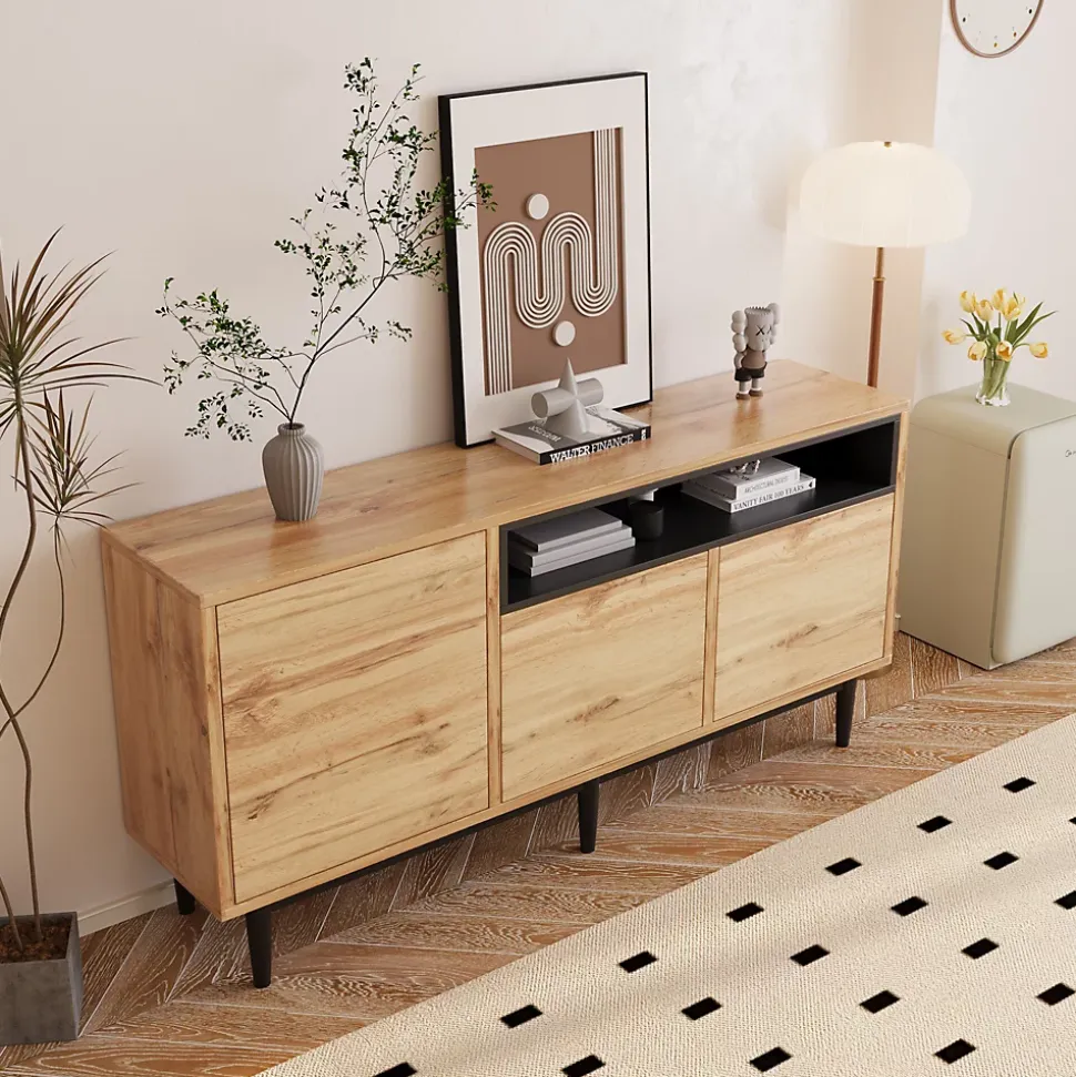 Buffet moderne en bois avec 3 portes 1 niche et étagère