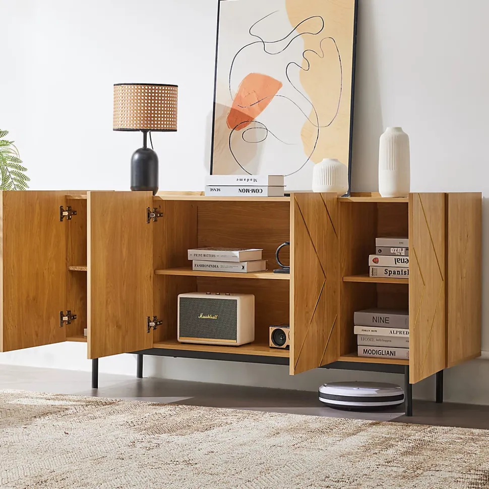 Buffet Moderne en Bois Naturel avec 4 Portes, Incrustations Métalliques - 160x40x78 cm, Naturel
