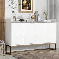 Buffet moderne minimaliste 4 portes sans poignées, Meuble élégant pour salle à manger, salon et cuisine, Blanc