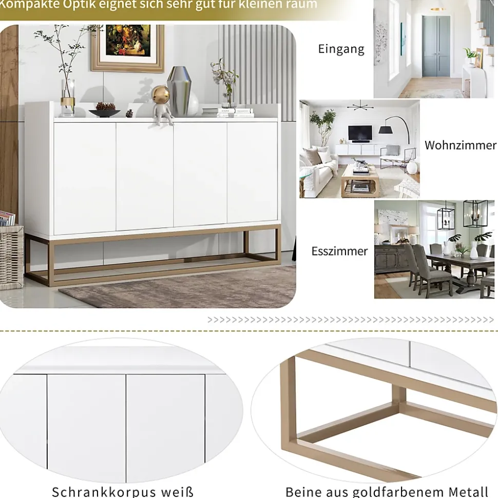 Buffet moderne minimaliste 4 portes sans poignées, Meuble élégant pour salle à manger, salon et cuisine, Blanc