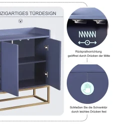 Buffet moderne minimaliste 4 portes sans poignées, Meuble élégant pour salle à manger, salon et cuisine, Bleu marine