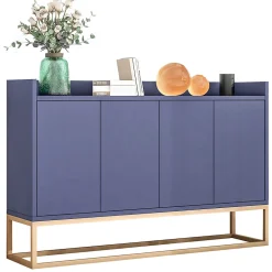 Buffet moderne minimaliste 4 portes sans poignées, Meuble élégant pour salle à manger, salon et cuisine, Bleu marine